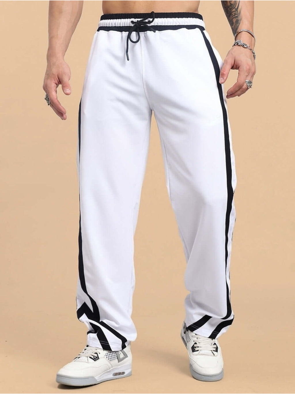 Genz-classic Men's Cotton White Track Pants | Black Contrast Side Panels | Relaxed Fit | Casual Streetwear & Lounge Wear
