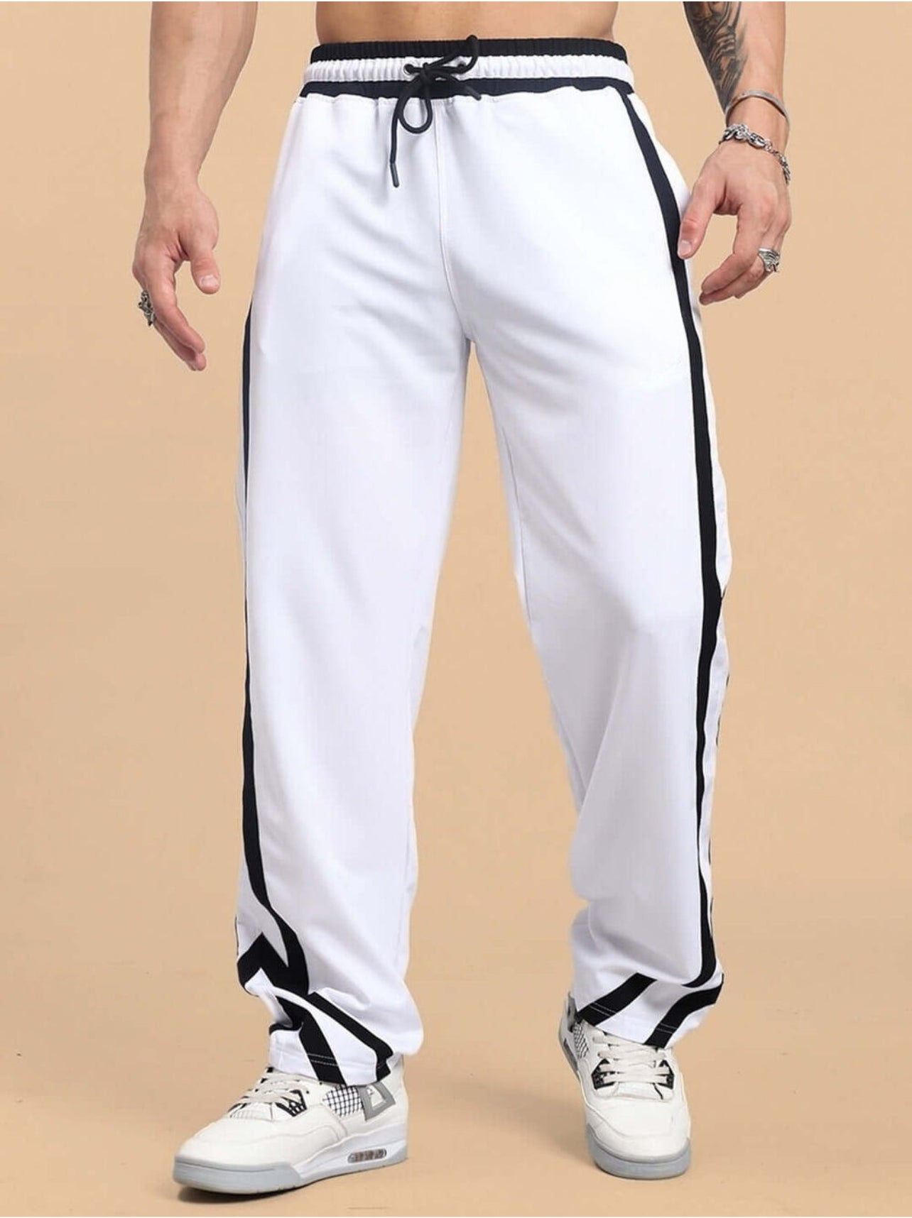 Genz-classic Men's Cotton White Track Pants | Black Contrast Side Panels | Relaxed Fit | Casual Streetwear & Lounge Wear