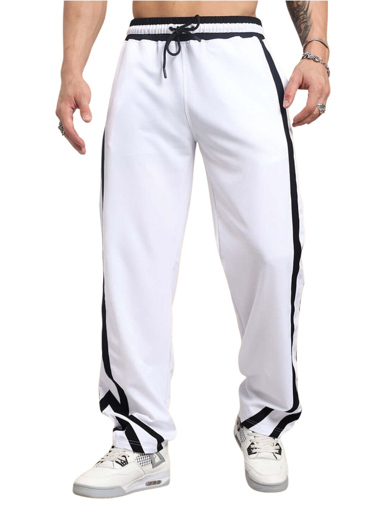 Genz-classic Men's Cotton White Track Pants | Black Contrast Side Panels | Relaxed Fit | Casual Streetwear & Lounge Wear