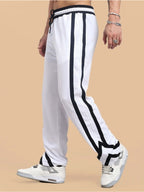 Genz-classic Men's Cotton White Track Pants | Black Contrast Side Panels | Relaxed Fit | Casual Streetwear & Lounge Wear
