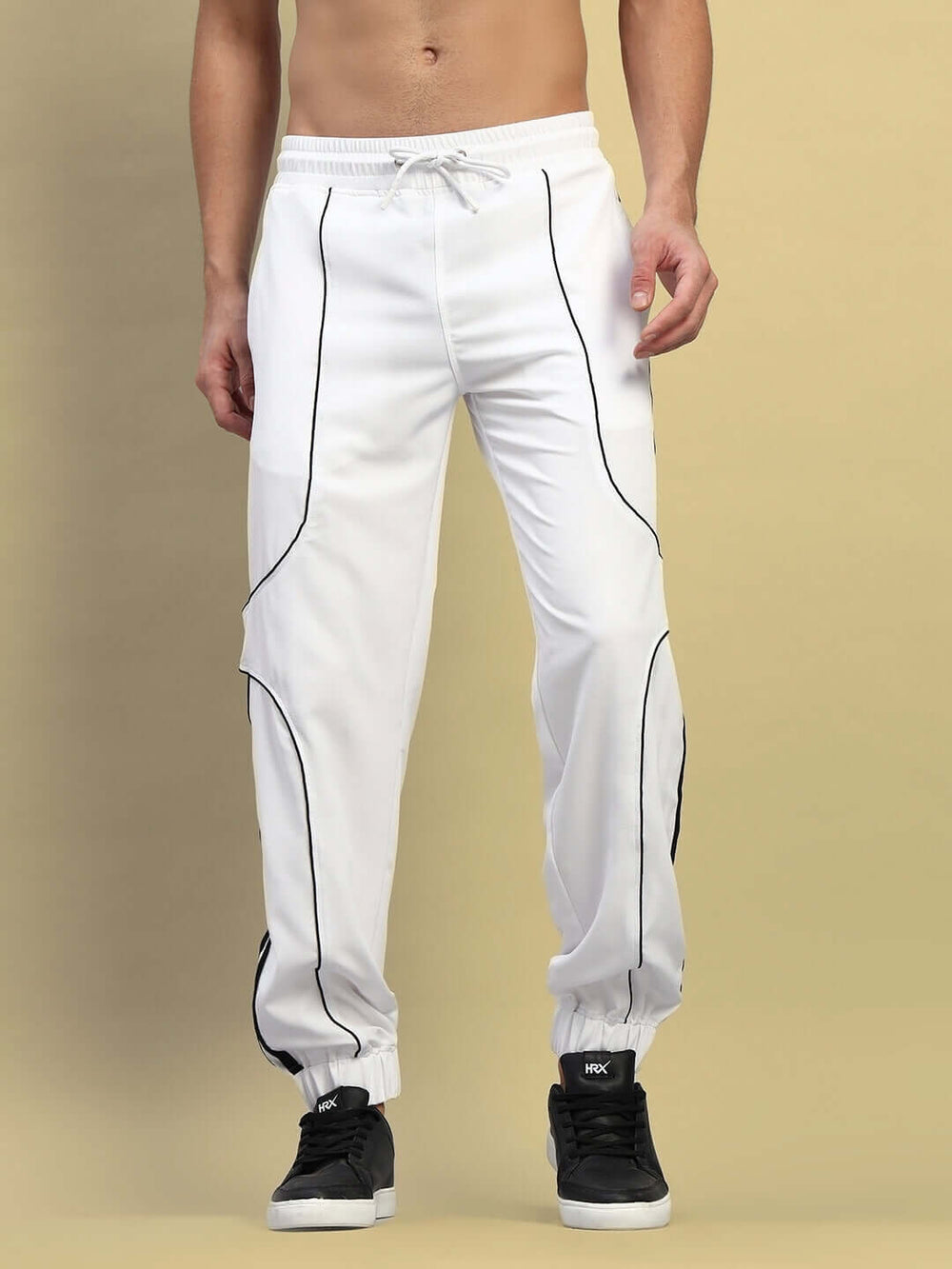 Genz-classic Men's Cotton Jogger Track Pants | White with Contrast Stitching | Elastic Cuff | Casual Gym & Streetwear