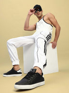 Genz-classic Men's Cotton Jogger Track Pants | White with Contrast Stitching | Elastic Cuff | Casual Gym & Streetwear