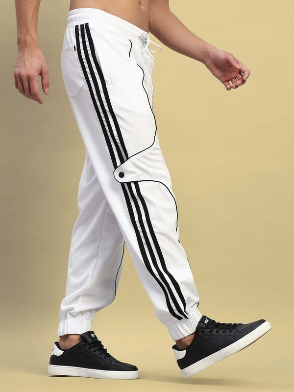 Genz-classic Men's Cotton Jogger Track Pants | White with Contrast Stitching | Elastic Cuff | Casual Gym & Streetwear