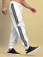 Genz-classic Men's Cotton Jogger Track Pants | White with Contrast Stitching | Elastic Cuff | Casual Gym & Streetwear
