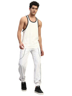 Genz-classic Men's Cotton Jogger Track Pants | White with Contrast Stitching | Elastic Cuff | Casual Gym & Streetwear