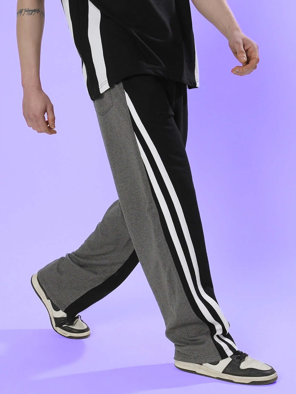 Genz-classic Men's Cotton Color Block Straight Fit Track Pants with Triple Side Stripes | Black & Charcoal Grey