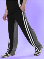 Genz-classic Men's Cotton Color Block Straight Fit Track Pants with Triple Side Stripes | Black & Charcoal Grey
