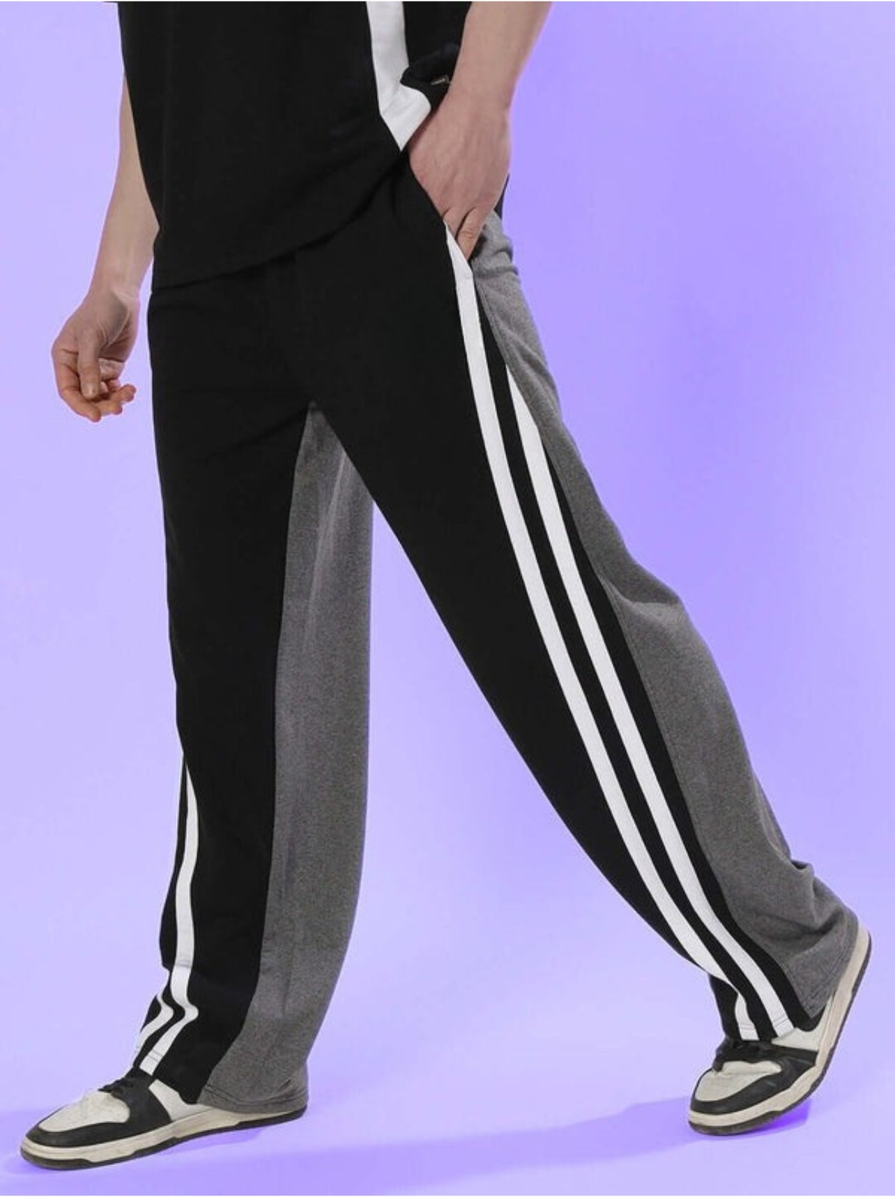 Genz-classic Men's Cotton Color Block Straight Fit Track Pants with Triple Side Stripes | Black & Charcoal Grey