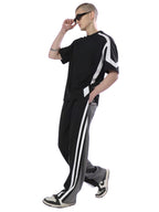 Genz-classic Men's Cotton Color Block Straight Fit Track Pants with Triple Side Stripes | Black & Charcoal Grey