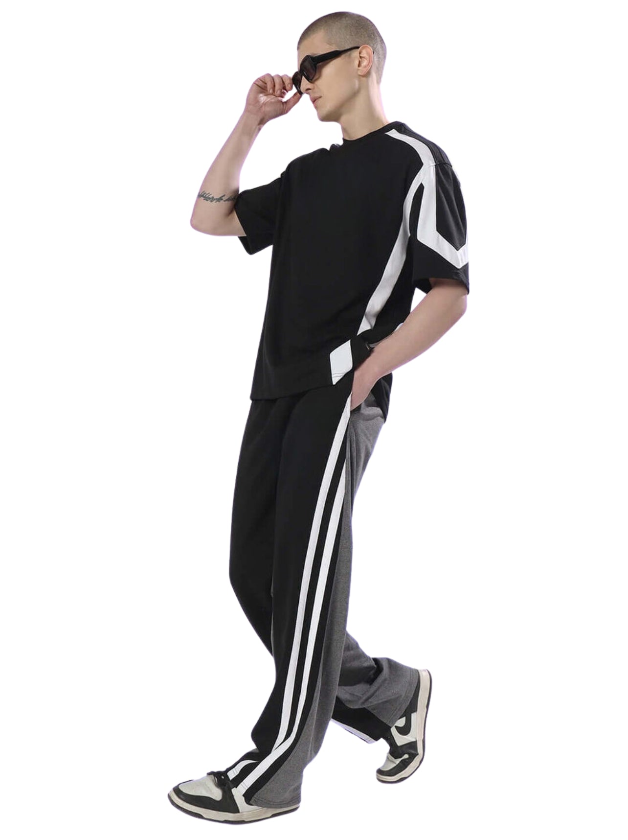 Genz-classic Men's Cotton Color Block Straight Fit Track Pants with Triple Side Stripes | Black & Charcoal Grey