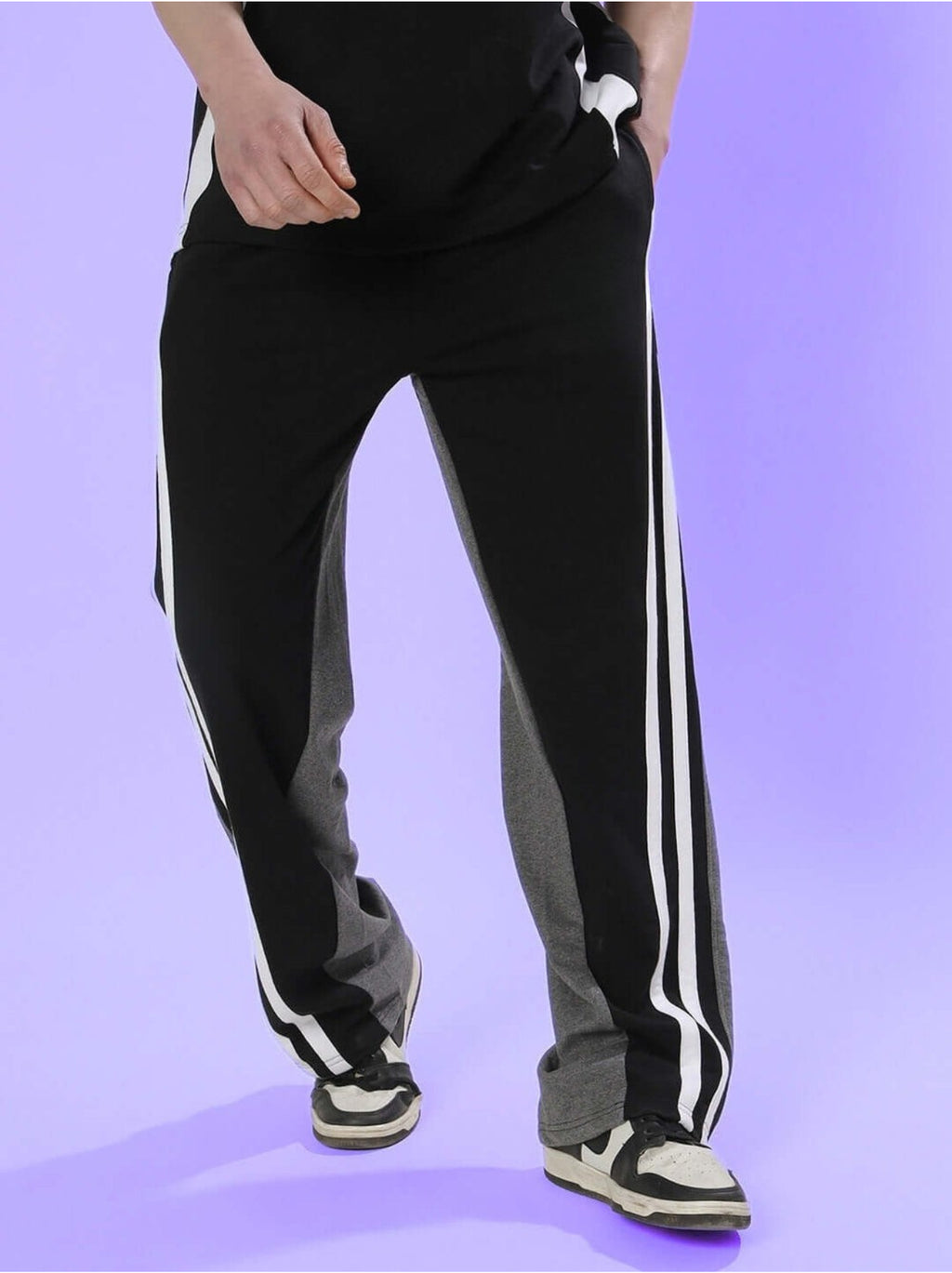 Genz-classic Men's Cotton Color Block Straight Fit Track Pants with Triple Side Stripes | Black & Charcoal Grey