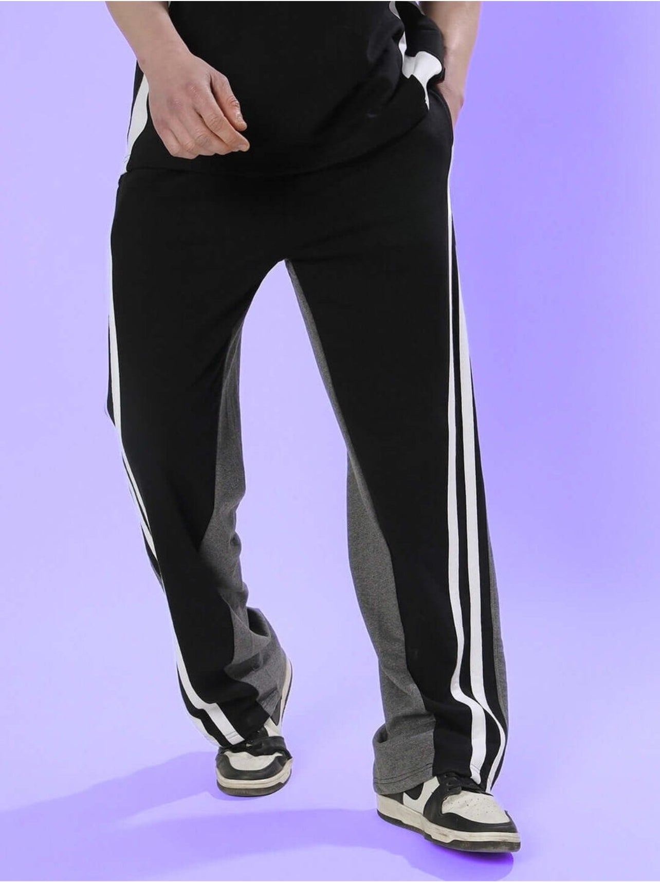 Genz-classic Men's Cotton Color Block Straight Fit Track Pants with Triple Side Stripes | Black & Charcoal Grey