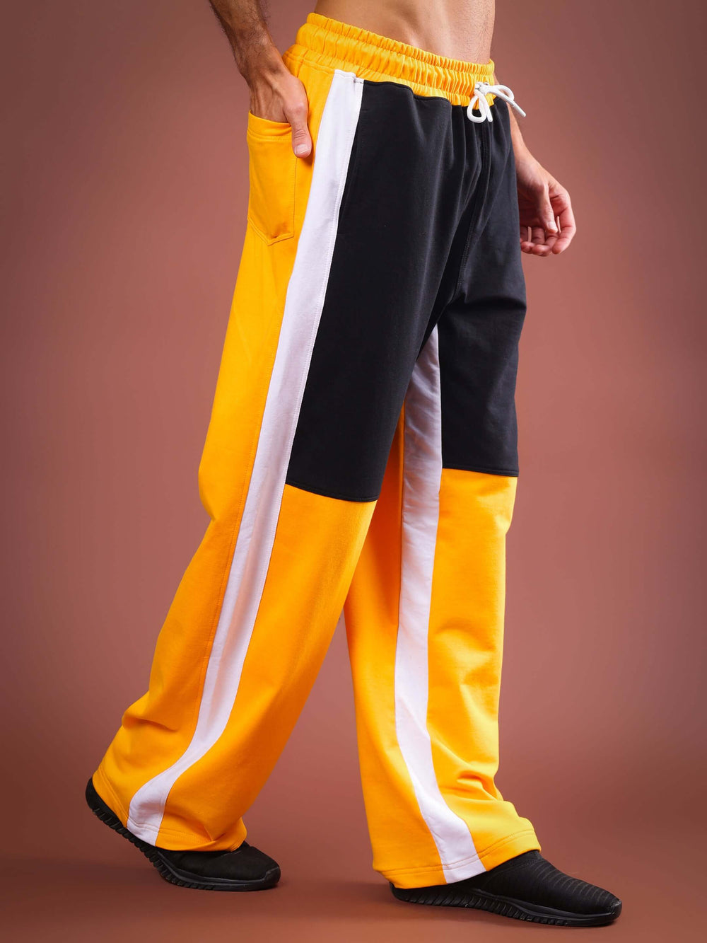 Genz-classic Men's Black Yellow Colorblock Cotton Track Pants | White Side Panels | Regular Fit Casual Joggers