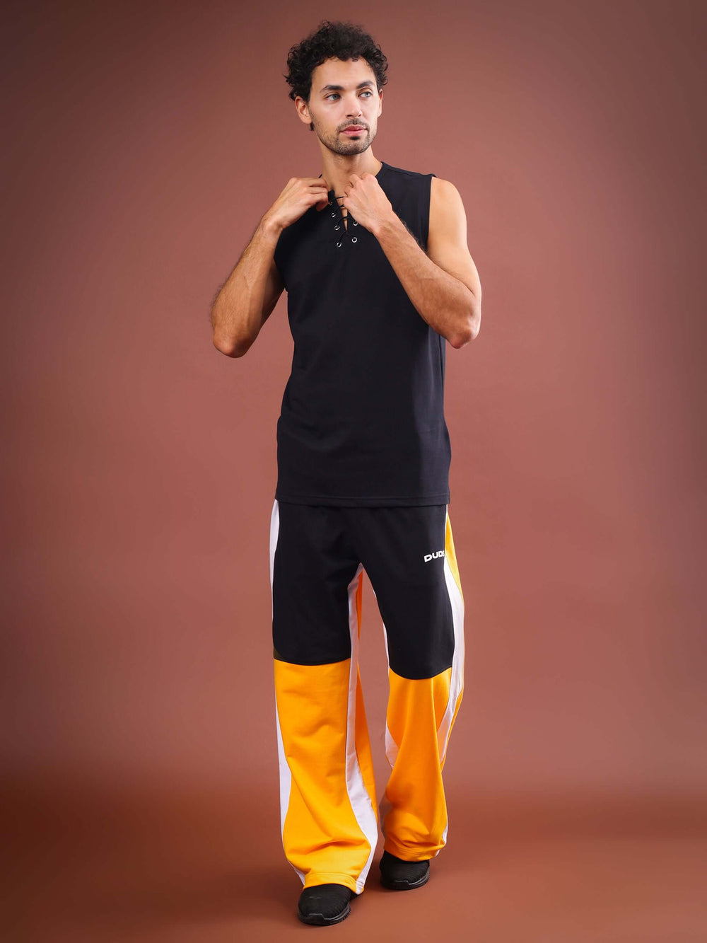 Genz-classic Men's Black Yellow Colorblock Cotton Track Pants | White Side Panels | Regular Fit Casual Joggers