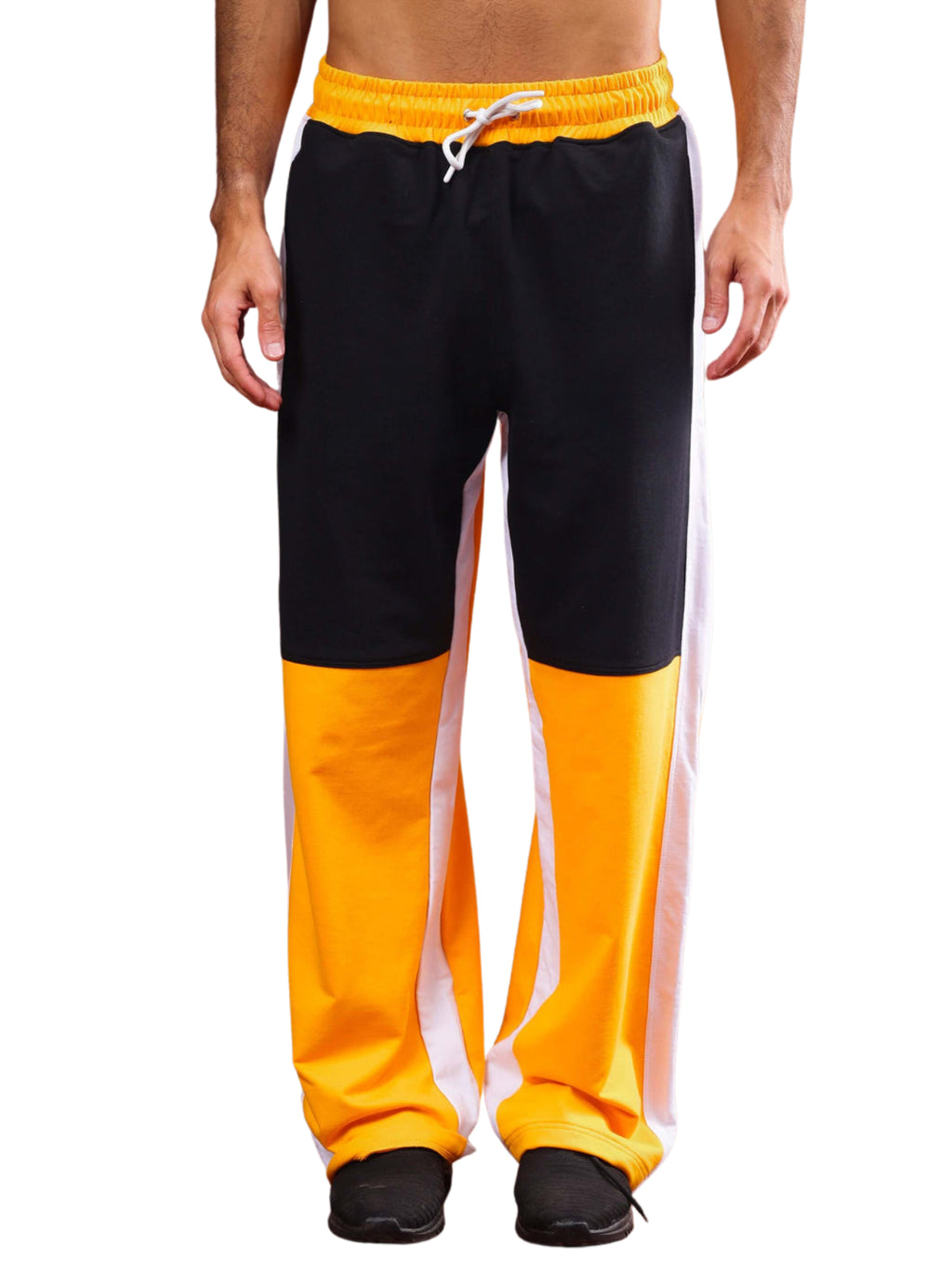Genz-classic Men's Black Yellow Colorblock Cotton Track Pants | White Side Panels | Regular Fit Casual Joggers