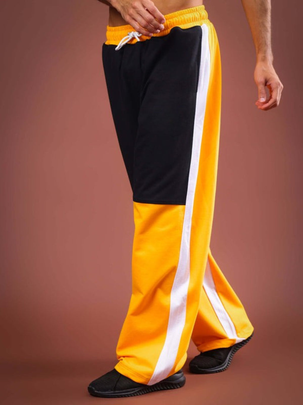 Genz-classic Men's Black Yellow Colorblock Cotton Track Pants | White Side Panels | Regular Fit Casual Joggers