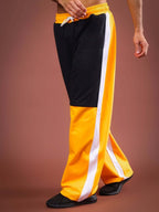 Genz-classic Men's Black Yellow Colorblock Cotton Track Pants | White Side Panels | Regular Fit Casual Joggers