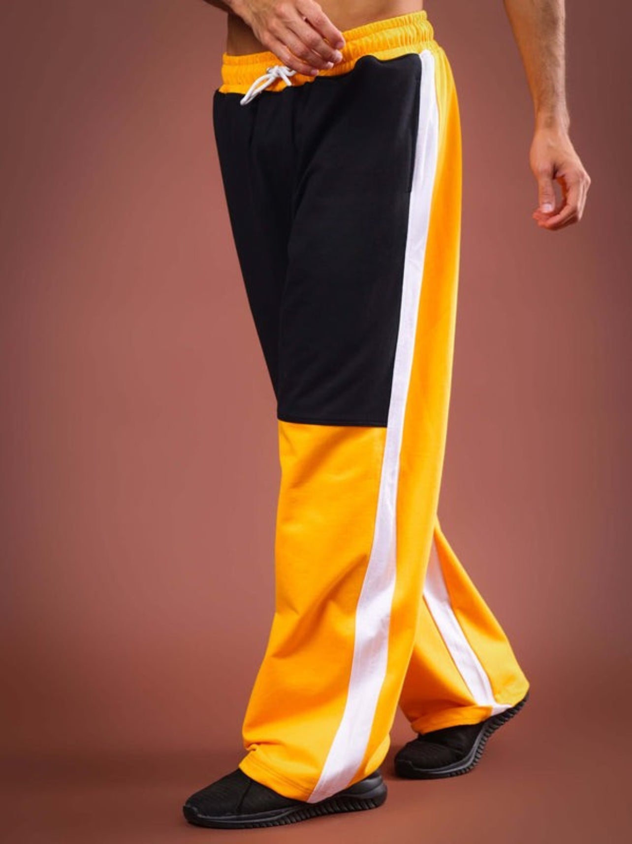 Genz-classic Men's Black Yellow Colorblock Cotton Track Pants | White Side Panels | Regular Fit Casual Joggers