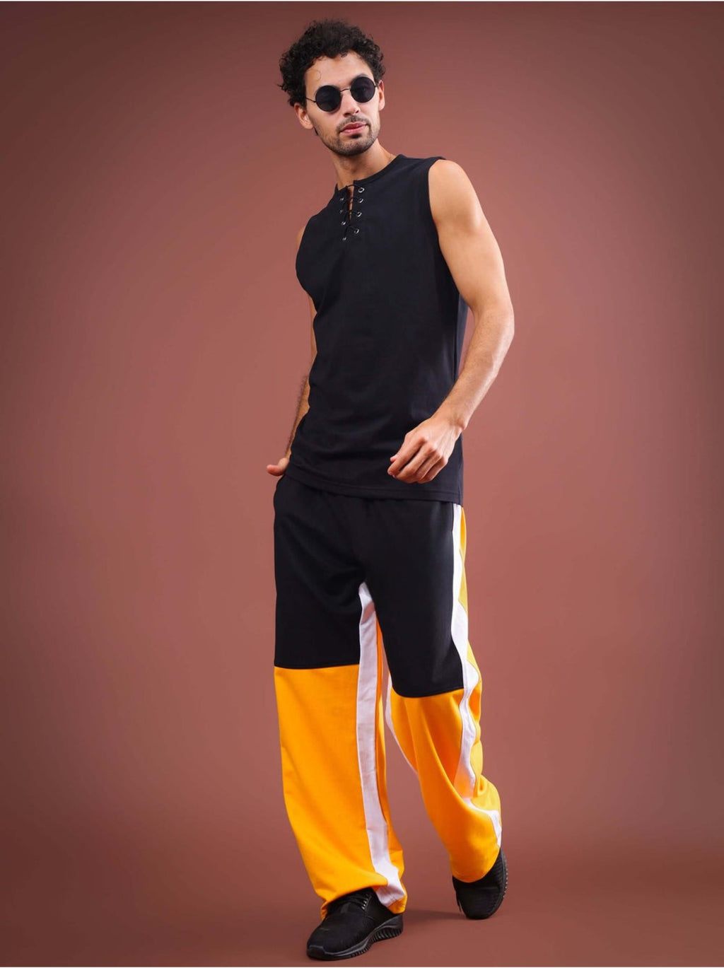 Genz-classic Men's Black Yellow Colorblock Cotton Track Pants | White Side Panels | Regular Fit Casual Joggers
