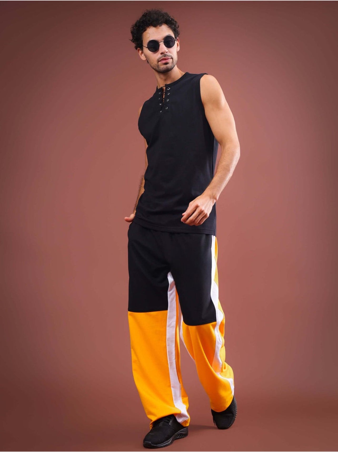 Genz-classic Men's Black Yellow Colorblock Cotton Track Pants | White Side Panels | Regular Fit Casual Joggers