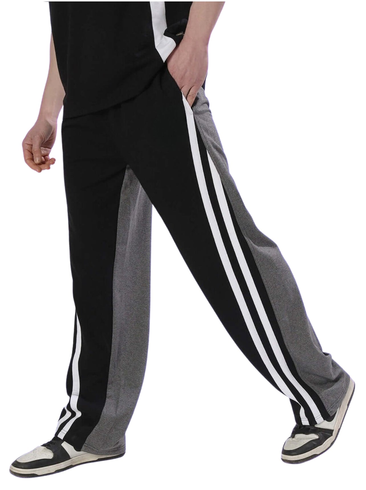 Genz-classic Men's Color Block Triple Side Stripe Track Pants | Straight Fit | Black & Charcoal Grey