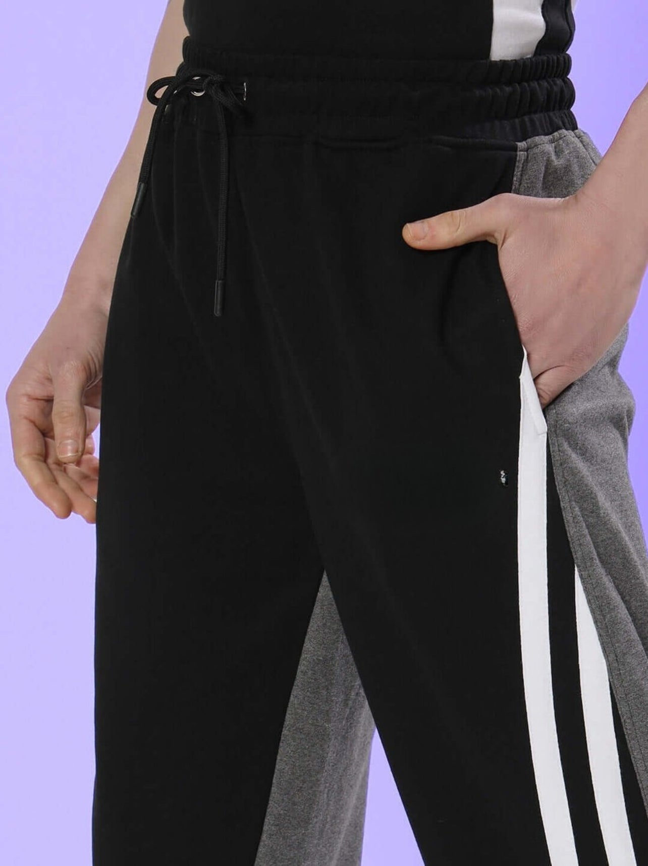 Genz-classic Men's Color Block Triple Side Stripe Track Pants | Straight Fit | Black & Charcoal Grey