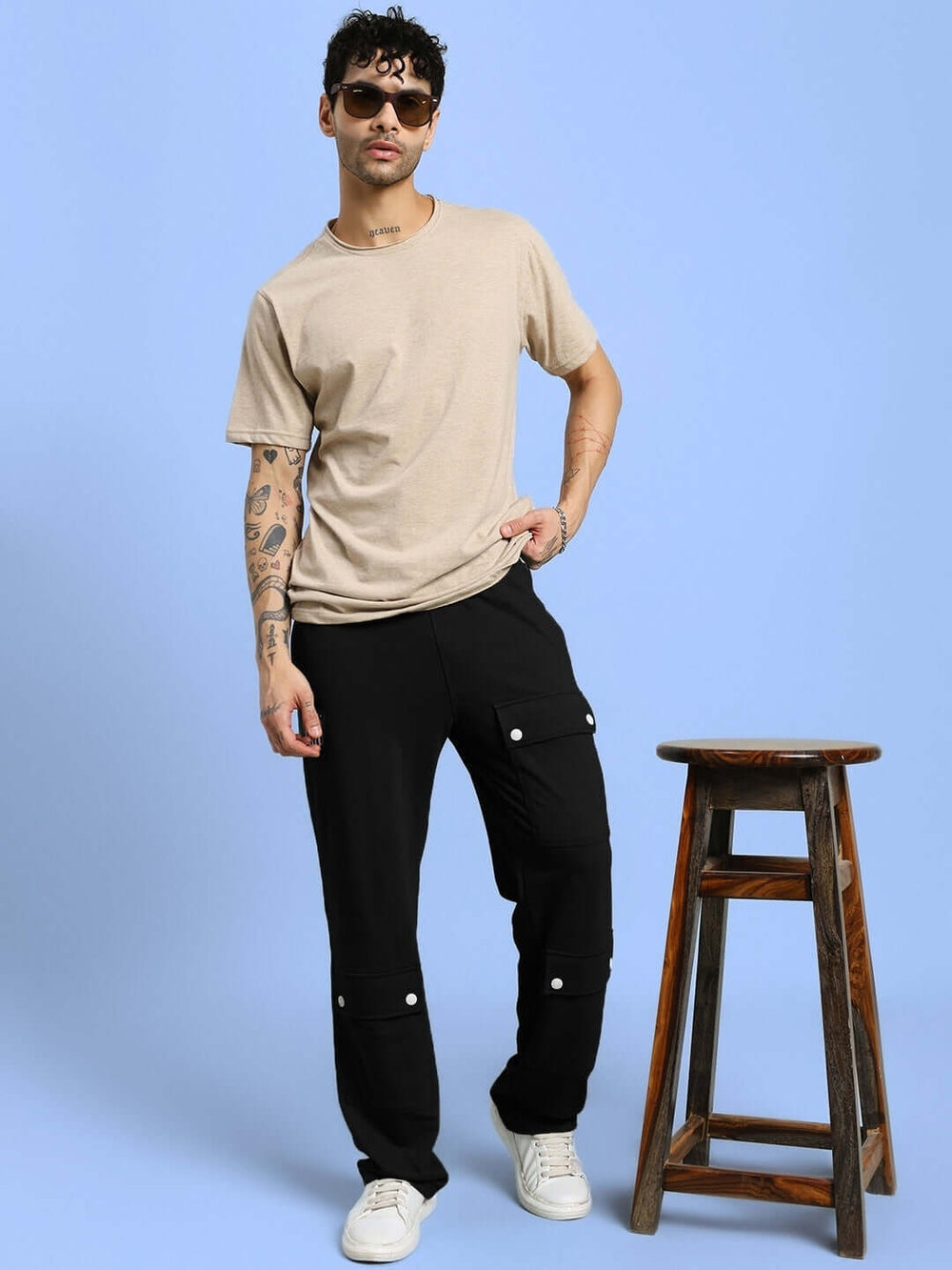 Genz-classic Men's Cotton Cargo Track Pants with Utility Pockets & Snap Button Detail | Relaxed Fit | Black