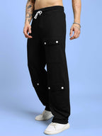 Genz-classic Men's Cotton Cargo Track Pants with Utility Pockets & Snap Button Detail | Relaxed Fit | Black