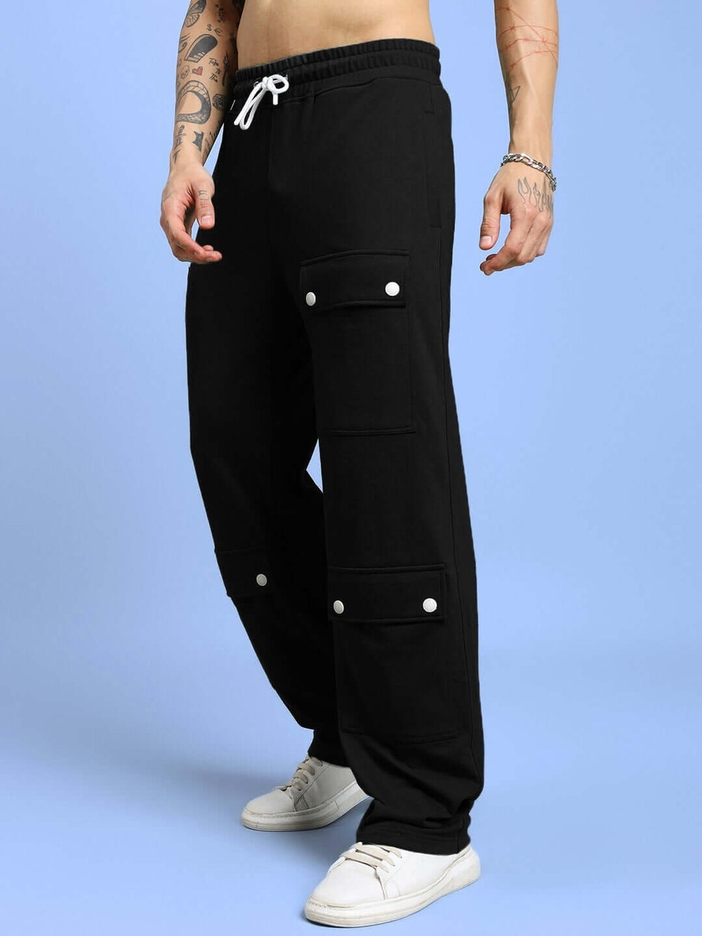 Genz-classic Men's Cotton Cargo Track Pants with Utility Pockets & Snap Button Detail | Relaxed Fit | Black
