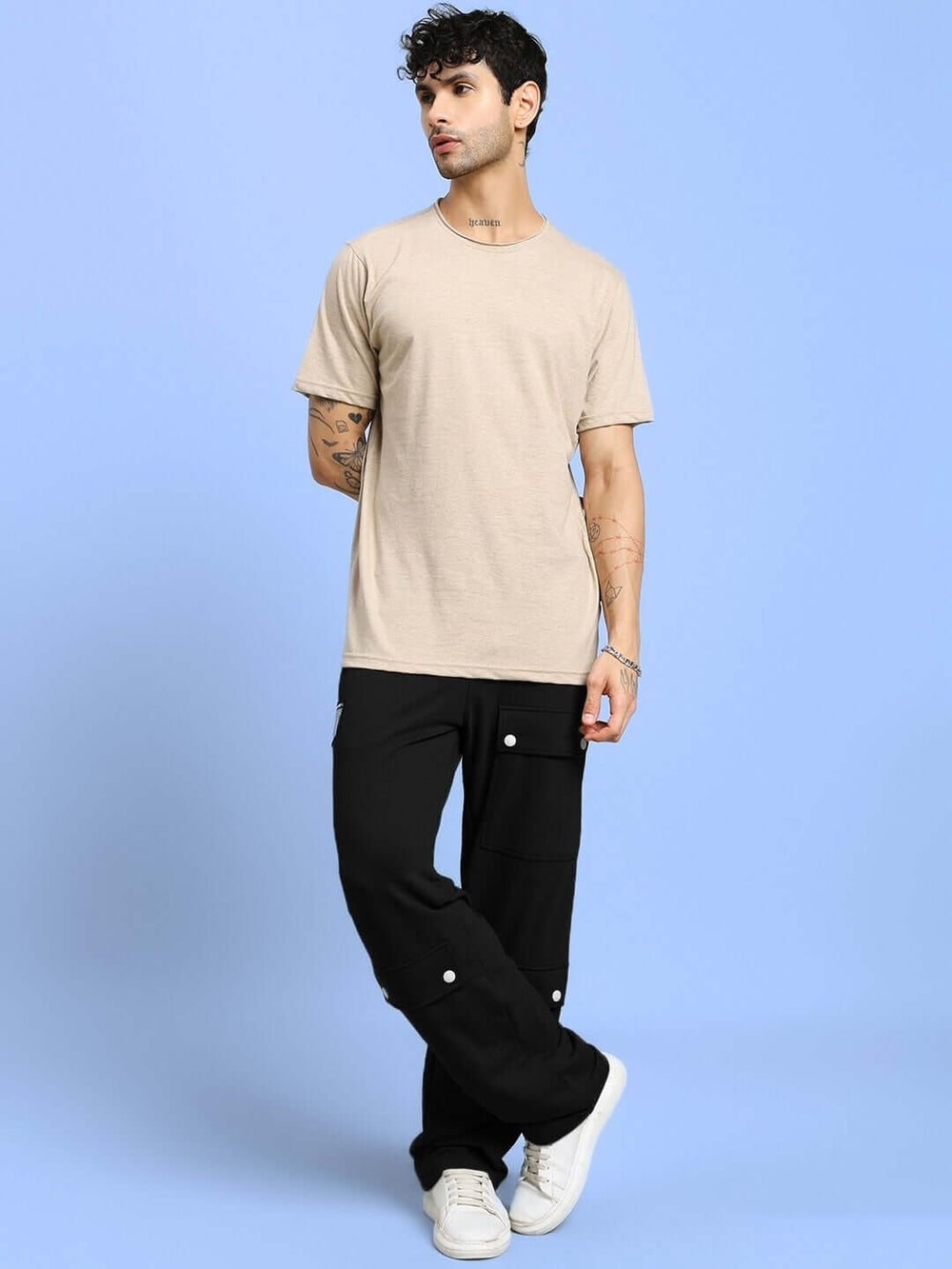 Genz-classic Men's Cotton Cargo Track Pants with Utility Pockets & Snap Button Detail | Relaxed Fit | Black