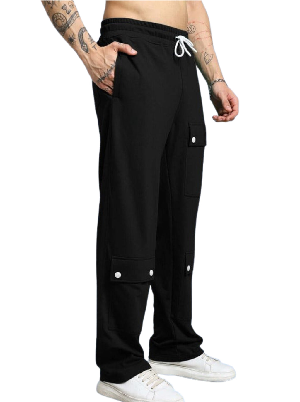 Genz-classic Men's Cotton Cargo Track Pants with Utility Pockets & Snap Button Detail | Relaxed Fit | Black