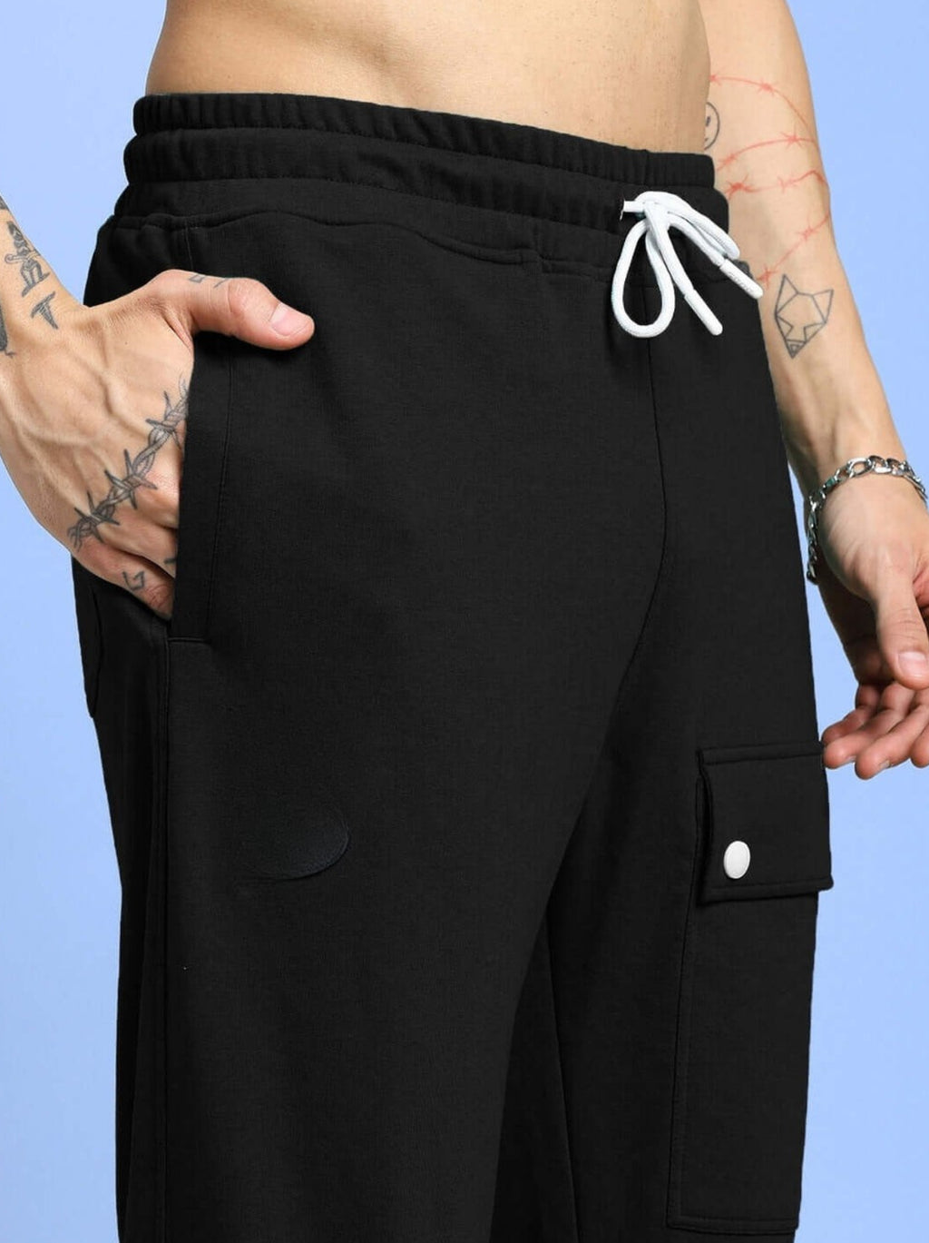 Genz-classic Men's Cotton Cargo Track Pants with Utility Pockets & Snap Button Detail | Relaxed Fit | Black