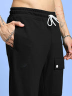 Genz-classic Men's Cotton Cargo Track Pants with Utility Pockets & Snap Button Detail | Relaxed Fit | Black