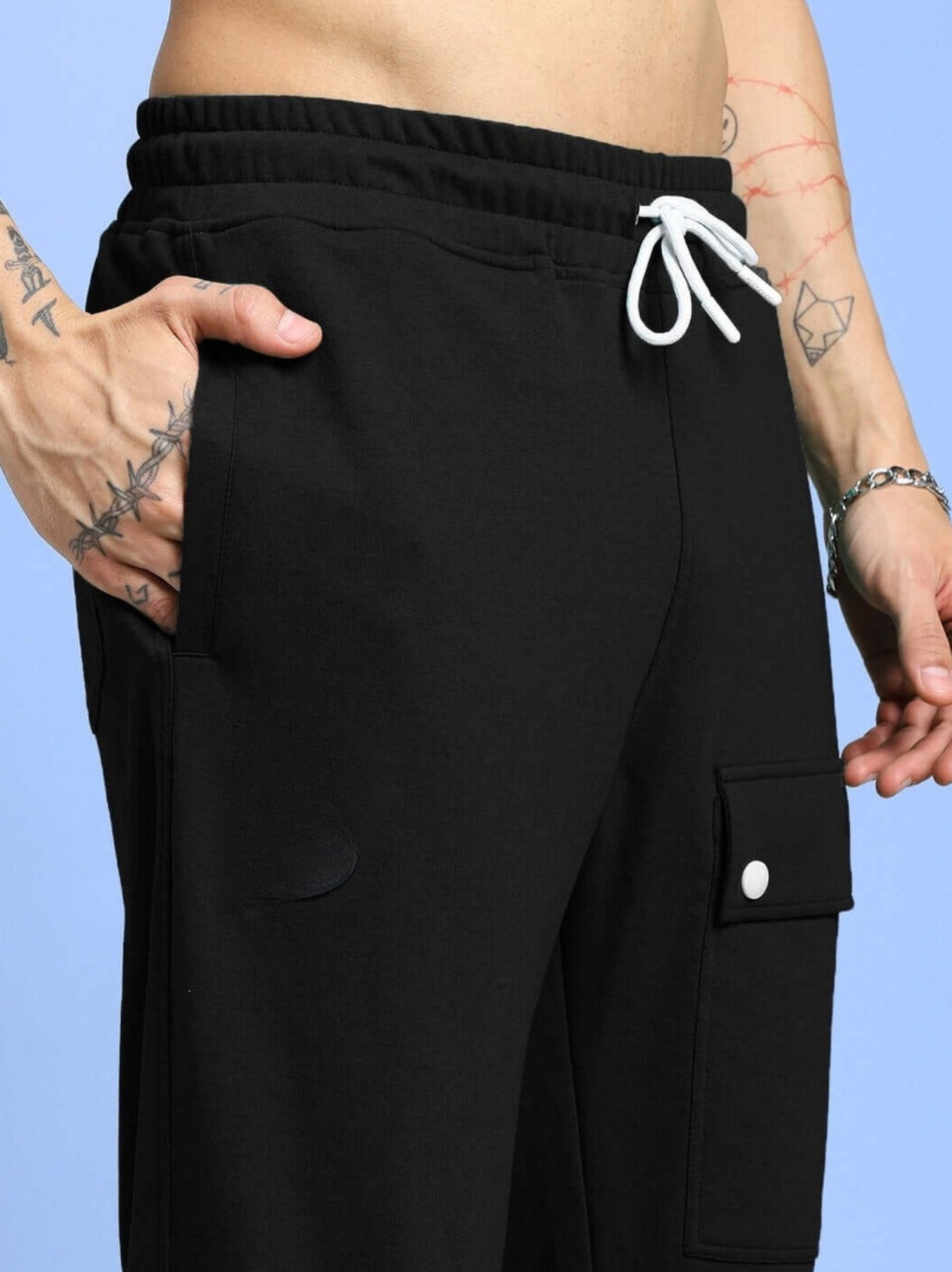 Genz-classic Men's Cotton Cargo Track Pants with Utility Pockets & Snap Button Detail | Relaxed Fit | Black