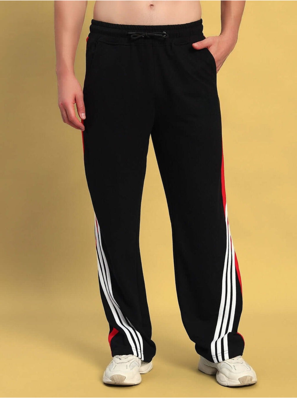 Genz-classic Men's Cotton Triple Side Stripe Track Pants | Straight Fit | Black & Red