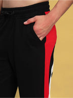 Genz-classic Men's Cotton Triple Side Stripe Track Pants | Straight Fit | Black & Red