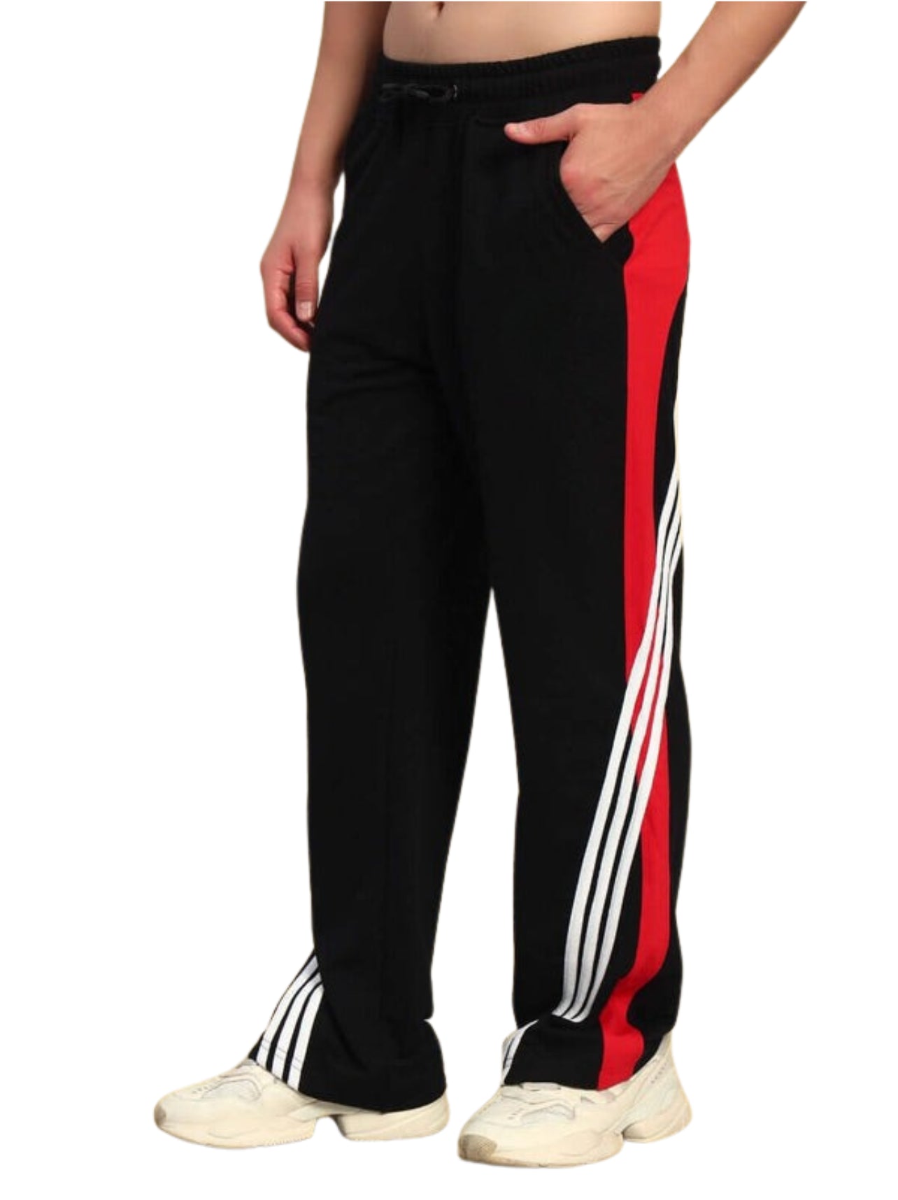 Genz-classic Men's Cotton Triple Side Stripe Track Pants | Straight Fit | Black & Red