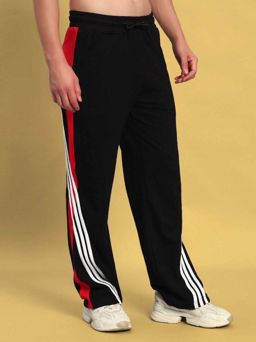 Genz-classic Men's Cotton Triple Side Stripe Track Pants | Straight Fit | Black & Red