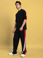 Genz-classic Men's Cotton Triple Side Stripe Track Pants | Straight Fit | Black & Red