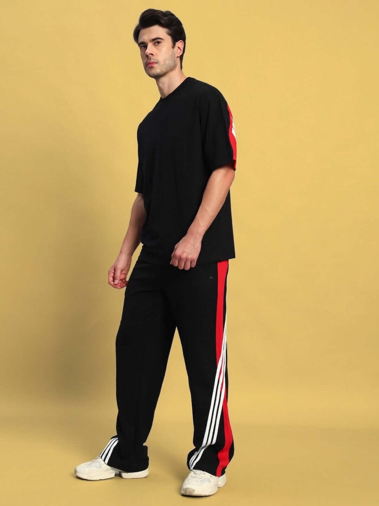 Genz-classic Men's Cotton Triple Side Stripe Track Pants | Straight Fit | Black & Red