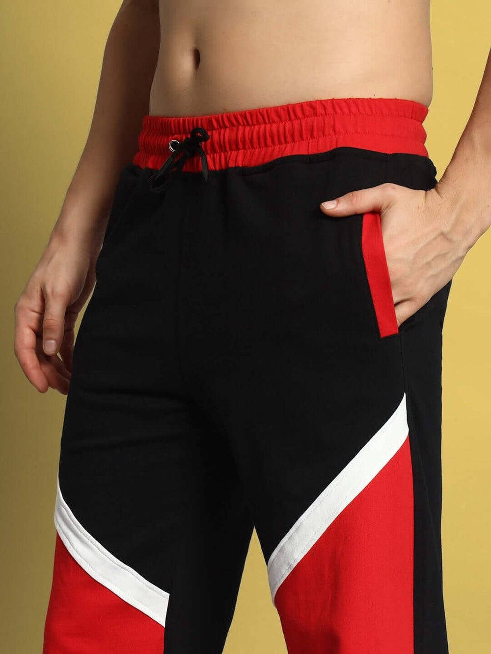 Genz-classic Men's Cotton Color Block Track Pants | Black Red White | Relaxed Fit | Streetwear Casual Lounge Wear