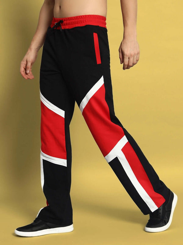 Genz-classic Men's Cotton Color Block Track Pants | Black Red White | Relaxed Fit | Streetwear Casual Lounge Wear