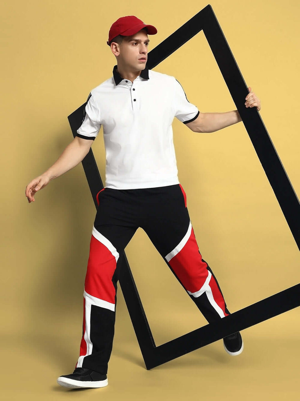 Genz-classic Men's Cotton Color Block Track Pants | Black Red White | Relaxed Fit | Streetwear Casual Lounge Wear