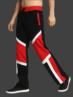 Genz-classic Men's Cotton Color Block Track Pants | Black Red White | Relaxed Fit | Streetwear Casual Lounge Wear