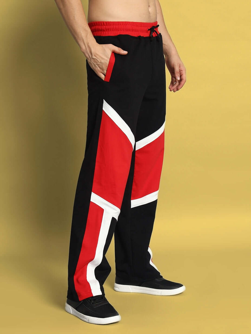 Genz-classic Men's Cotton Color Block Track Pants | Black Red White | Relaxed Fit | Streetwear Casual Lounge Wear