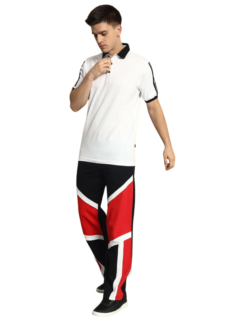Genz-classic Men's Cotton Color Block Track Pants | Black Red White | Relaxed Fit | Streetwear Casual Lounge Wear