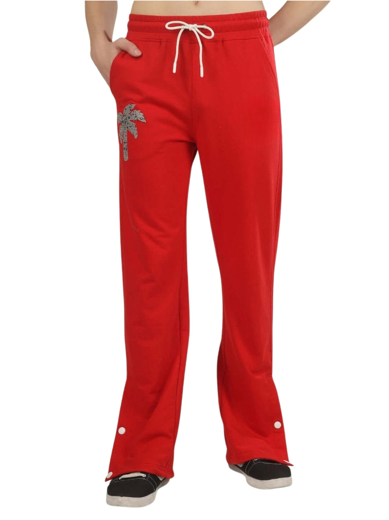 Genz-classic Men's Cotton Straight Fit Track Pants with Palm Tree Graphic & Snap Button Hem | Casual Lounge Wear | Red