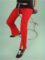 Genz-classic Men's Cotton Straight Fit Track Pants with Palm Tree Graphic & Snap Button Hem | Casual Lounge Wear | Red