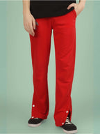 Genz-classic Men's Cotton Straight Fit Track Pants with Palm Tree Graphic & Snap Button Hem | Casual Lounge Wear | Red