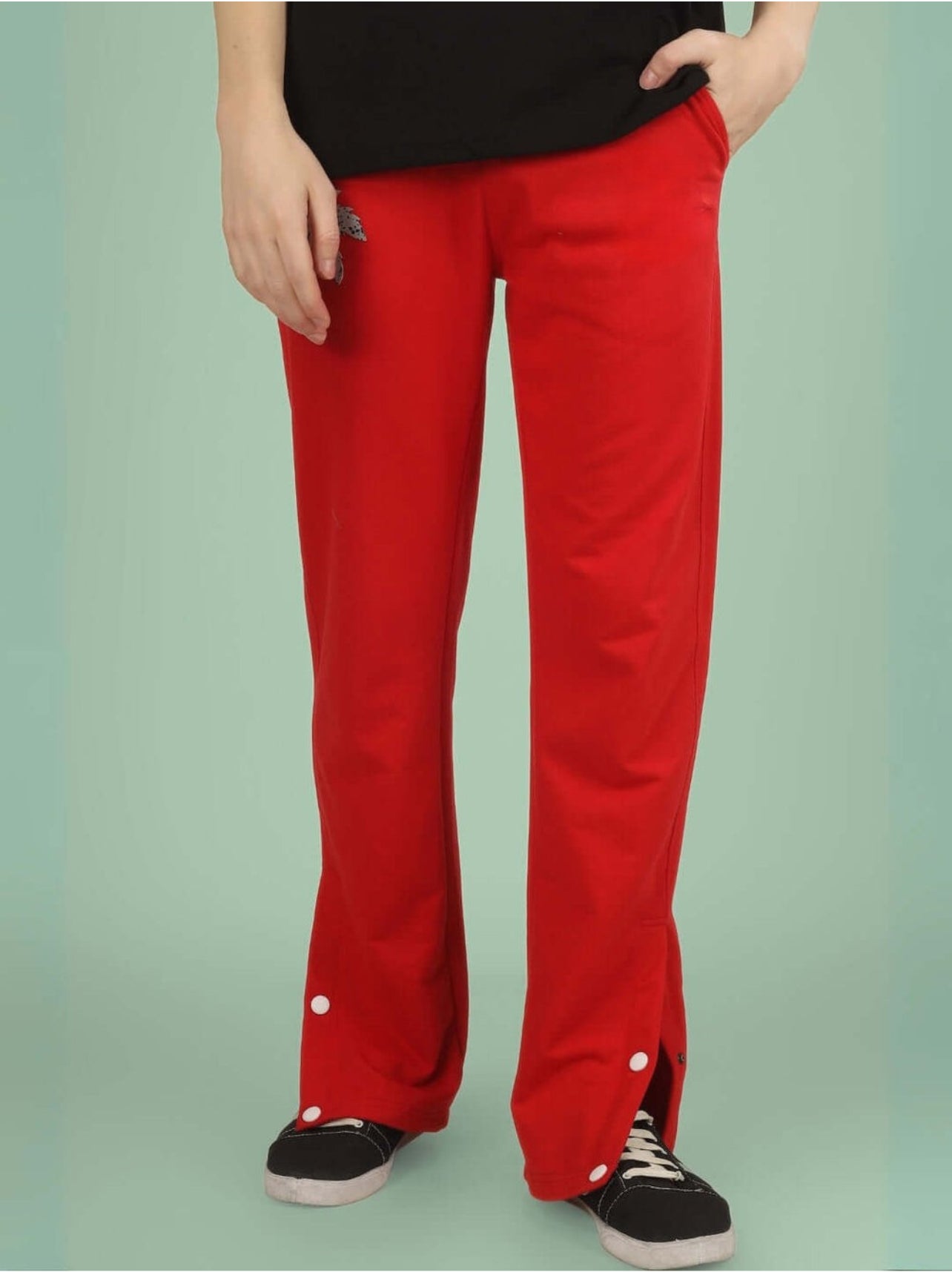 Genz-classic Men's Cotton Straight Fit Track Pants with Palm Tree Graphic & Snap Button Hem | Casual Lounge Wear | Red